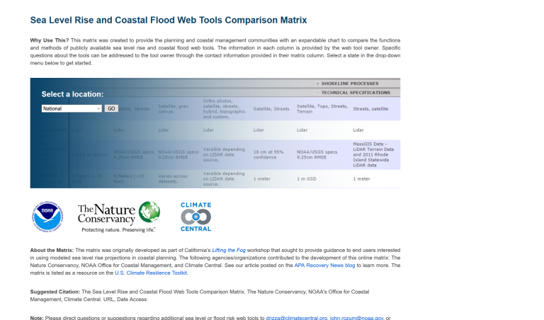 Sea Level Rise and Coastal Flood Web Tools Comparison Matrix